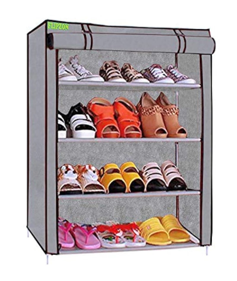 FLIPZON Multipurpose 4-Tiers Shoe Rack With Dustproof Zip Cover, Multiuse Wide Space Storage Rack Made By Non Woven Fabric For Footwear, Toys, Clothes (4 Shelves) (Grey)(Iron Pipes, Non Woven) - Image 1