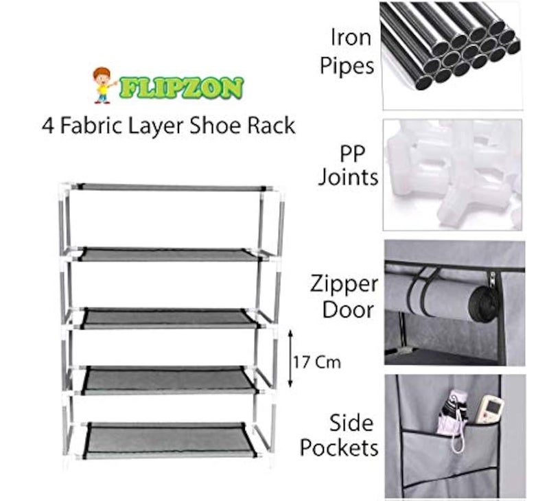 FLIPZON Multipurpose 4-Tiers Shoe Rack With Dustproof Zip Cover, Multiuse Wide Space Storage Rack Made By Non Woven Fabric For Footwear, Toys, Clothes (4 Shelves) (Grey)(Iron Pipes, Non Woven) - Image 3