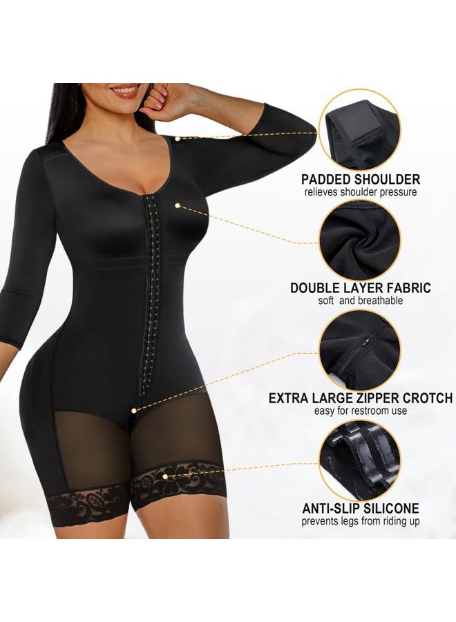 SHAPERX Women's Fajas Colombianas Shapewear Postpartum Tummy Control Arm Slimming Full Body Shaper with Zipper Crotch, Black, XL - Image 4