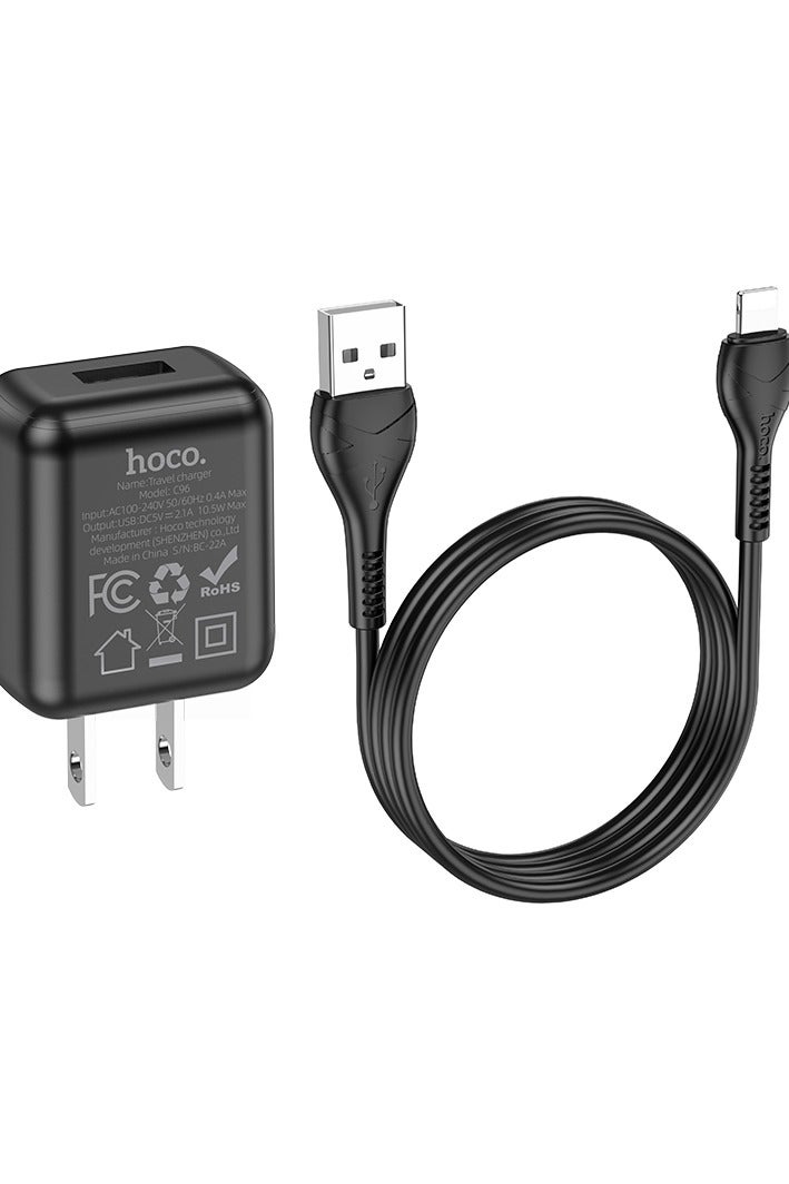 Hoco C96 Wall charger Single Port ( 5V/2.1A ) with Cable Lightning 1M , US Plug Protocols Compatible with iPhone Samsung Xiaomi Oppo Huawei - Black - Image 1