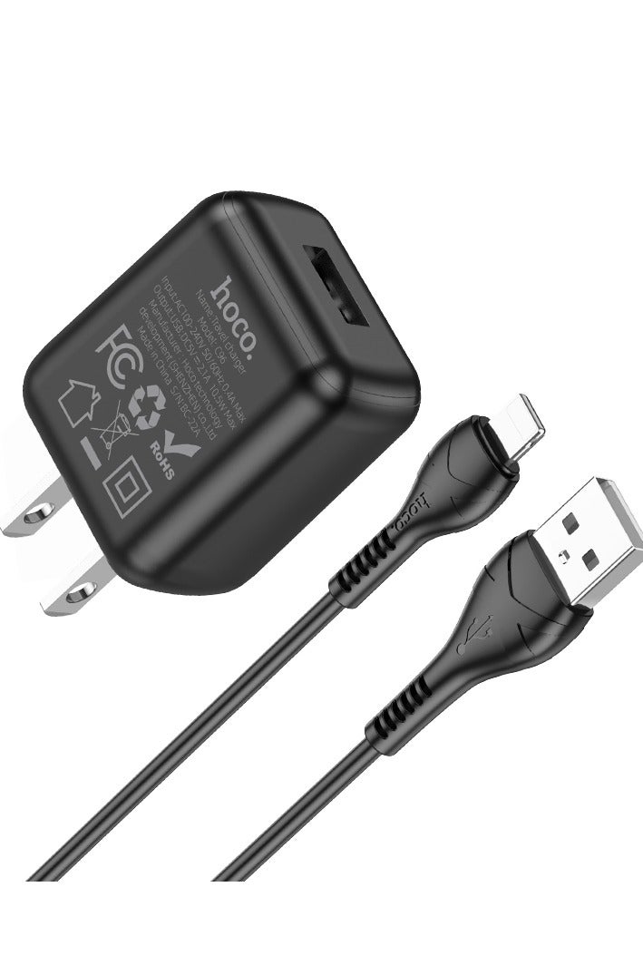 Hoco C96 Wall charger Single Port ( 5V/2.1A ) with Cable Lightning 1M , US Plug Protocols Compatible with iPhone Samsung Xiaomi Oppo Huawei - Black - Image 2