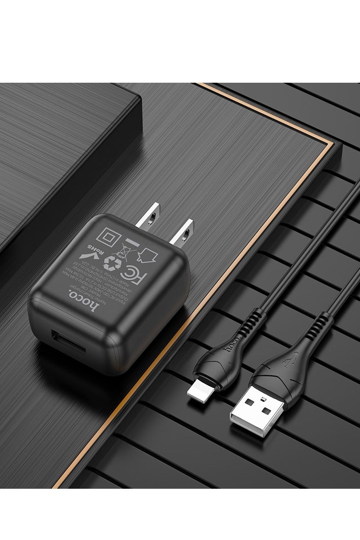 Hoco C96 Wall charger Single Port ( 5V/2.1A ) with Cable Lightning 1M , US Plug Protocols Compatible with iPhone Samsung Xiaomi Oppo Huawei - Black - Image 3