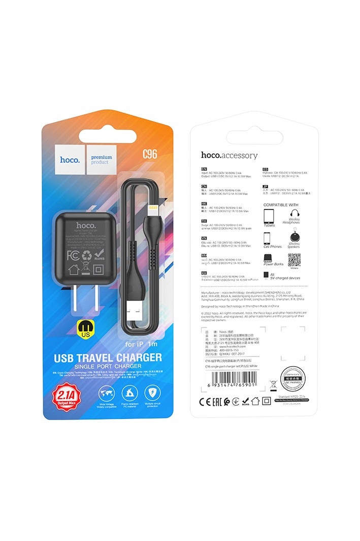 Hoco C96 Wall charger Single Port ( 5V/2.1A ) with Cable Lightning 1M , US Plug Protocols Compatible with iPhone Samsung Xiaomi Oppo Huawei - Black - Image 4
