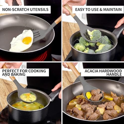 MOBDESK Kitchen Utensils Set Non-Stick Silicone Cooking with Authentic Acacia Wood Handles - 5 Piece Utensil 464°F Heat Resistance Natural Hard Handle, BPA Free, Baking & Serving Utensils- Grey - Image 4