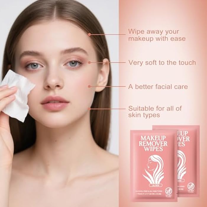 Zhjianup Makeup Remover Wipes Individually Wrapped Facial Cleansing Towelettes Bulk, Disposable Cleanser Makeup Removal Cloths Pad for Oil Dirt Skin Care Removing Mascara Lipstick Travel Hotel Aloes (100 Pack) - Image 4