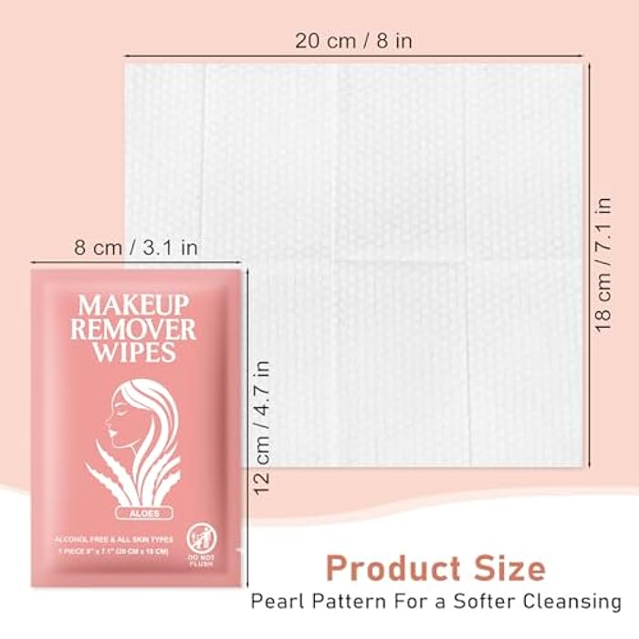 Zhjianup Makeup Remover Wipes Individually Wrapped Facial Cleansing Towelettes Bulk, Disposable Cleanser Makeup Removal Cloths Pad for Oil Dirt Skin Care Removing Mascara Lipstick Travel Hotel Aloes (100 Pack) - Image 2