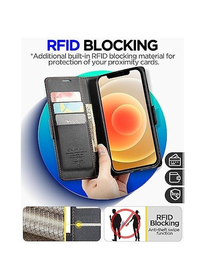 iPhone 12\/12 Pro RFID Blocking Wallet Case - Leather Flip Folio, Magnetic Closure, Credit Card Holder, Kickstand - Black - Image 3