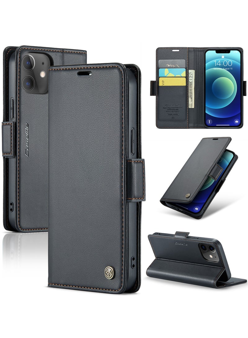 iPhone 12\/12 Pro RFID Blocking Wallet Case - Leather Flip Folio, Magnetic Closure, Credit Card Holder, Kickstand - Black - Image 1