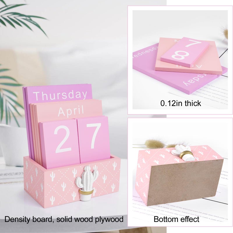 Notakia Perpetual Calendar Wooden Blocks Vintage Wood Block Calendar for Home Office Desk Accessories Week Month Date Display (Pink Calendar) - Image 3