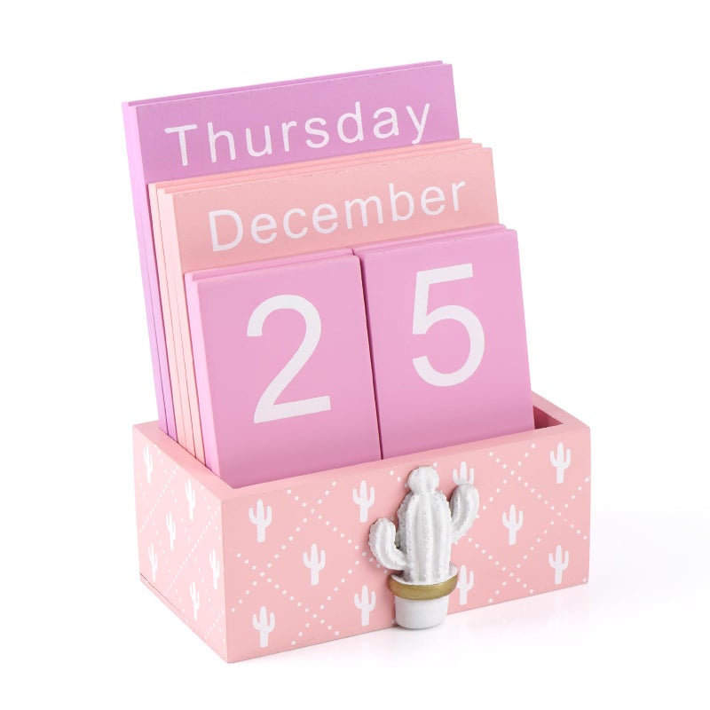 Notakia Perpetual Calendar Wooden Blocks Vintage Wood Block Calendar for Home Office Desk Accessories Week Month Date Display (Pink Calendar) - Image 1