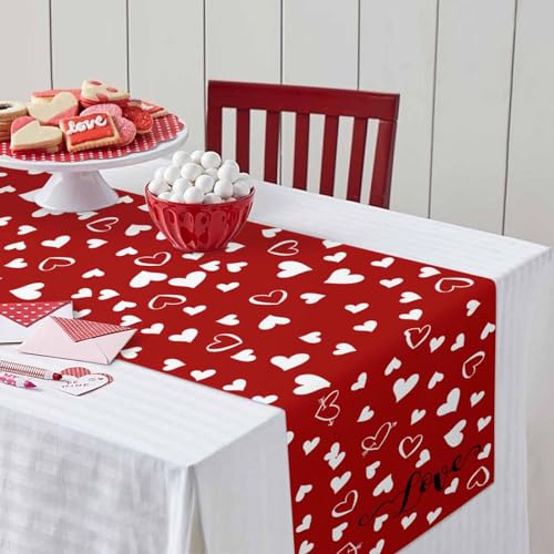 Vandarllin Red Valentine's Day Table Runner, Valentines Love Heart Cotton Linen Tablecloth Spring Holiday Farmhouse Table Decorations for Home,Kitchen,Dining Room,Indoor,Outdoor,13X72 Inches Long, - Image 3