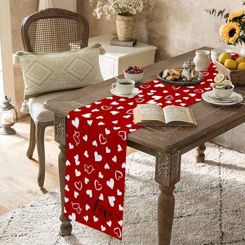 Vandarllin Red Valentine's Day Table Runner, Valentines Love Heart Cotton Linen Tablecloth Spring Holiday Farmhouse Table Decorations for Home,Kitchen,Dining Room,Indoor,Outdoor,13X72 Inches Long, - Image 4