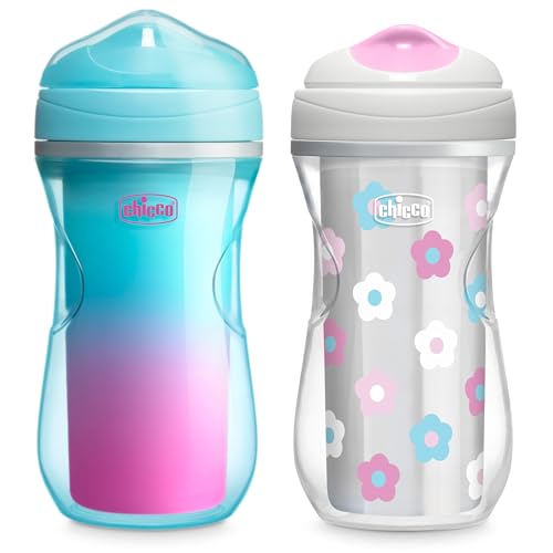 Chicco Insulated Sippy Cup 12 Months 9oz Toddler Training Cup with BiteResistant NoSpill Rim Spout DoubleWall BPAFree 2Pack TealPinkFloral - Image 1