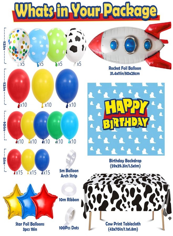 Winrayk 154Pcs Toy Inspired Story Birthday Party Decorations Supplies for Kids Teen, Balloon Arch with Backdrop Tablecloth Cow Print Balloons Star Rocket, Cartoon Game Girls Boys Birthday Party Decor - Image 2