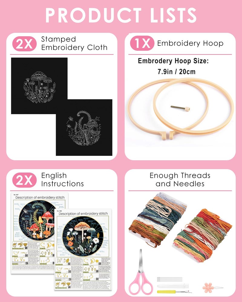 TINDTOP 2 Pack Embroidery Kit for Adult Beginners, Embroidery DIY Starter Kit, with Mushroom Stamped Patterns, Hoop, Tools, Colorful Threads with Needles, Instructions - Image 2