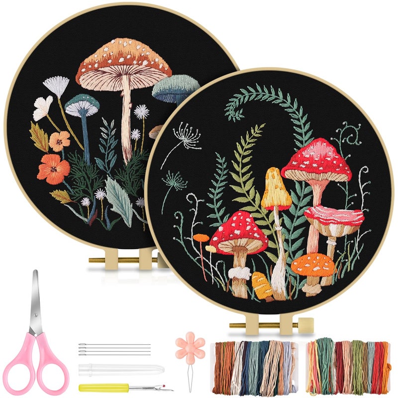 TINDTOP 2 Pack Embroidery Kit for Adult Beginners, Embroidery DIY Starter Kit, with Mushroom Stamped Patterns, Hoop, Tools, Colorful Threads with Needles, Instructions - Image 1
