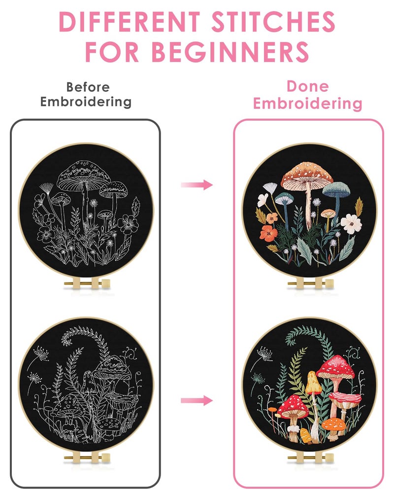 TINDTOP 2 Pack Embroidery Kit for Adult Beginners, Embroidery DIY Starter Kit, with Mushroom Stamped Patterns, Hoop, Tools, Colorful Threads with Needles, Instructions - Image 3