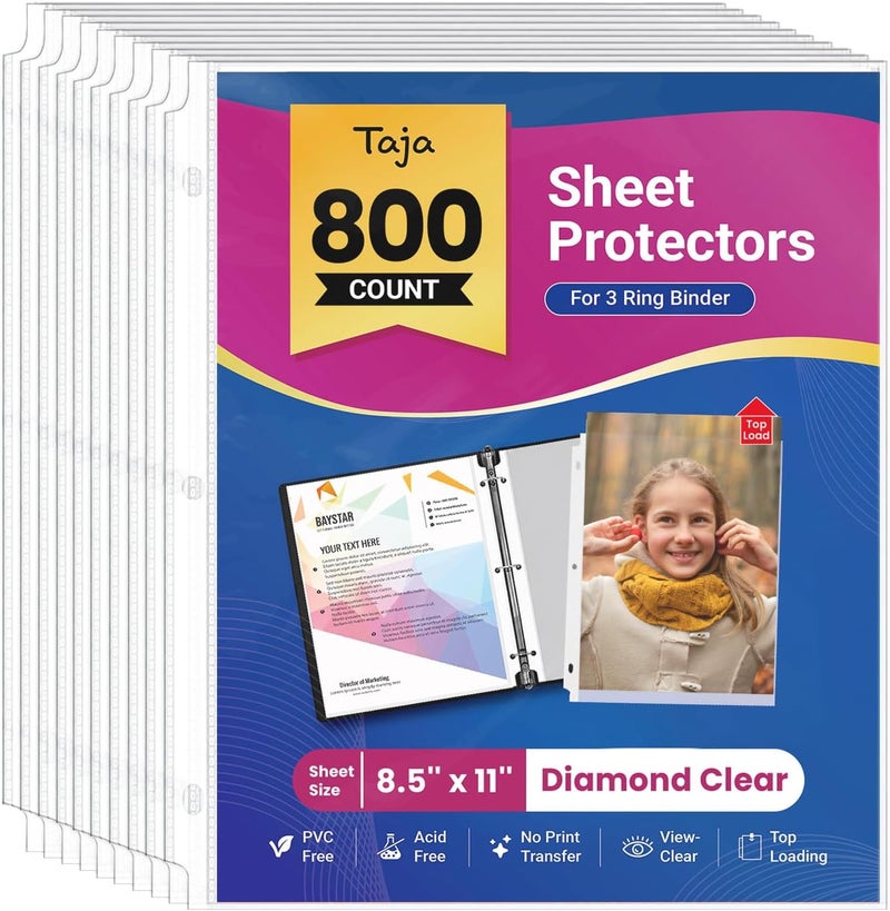 Taja Sheet Protectors for 3 Ring Binder, Clear Page Protectors Top Loading, Plastic Sleeves for Paper Letter Size 8.5" x 11", Perfect for Office, Home & School Document Storage, 800 Pack - Image 1