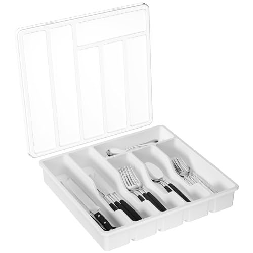 Lifewit Silverware Organizer with Lid, Covered Utensil Tray for Kitchen Drawer and Countertop, Plastic Cutlery and Flatware Storage Box for Spoons Forks Knives Holder Case, 6 Compartments, White - Image 1