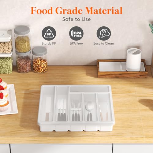 Lifewit Silverware Organizer with Lid, Covered Utensil Tray for Kitchen Drawer and Countertop, Plastic Cutlery and Flatware Storage Box for Spoons Forks Knives Holder Case, 6 Compartments, White - Image 5