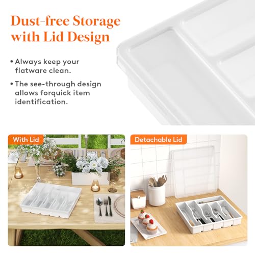 Lifewit Silverware Organizer with Lid, Covered Utensil Tray for Kitchen Drawer and Countertop, Plastic Cutlery and Flatware Storage Box for Spoons Forks Knives Holder Case, 6 Compartments, White - Image 2