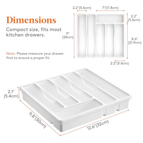Lifewit Silverware Organizer with Lid, Covered Utensil Tray for Kitchen Drawer and Countertop, Plastic Cutlery and Flatware Storage Box for Spoons Forks Knives Holder Case, 6 Compartments, White - Image 4