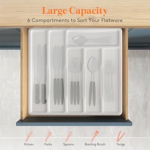 Lifewit Silverware Organizer with Lid, Covered Utensil Tray for Kitchen Drawer and Countertop, Plastic Cutlery and Flatware Storage Box for Spoons Forks Knives Holder Case, 6 Compartments, White - Image 3