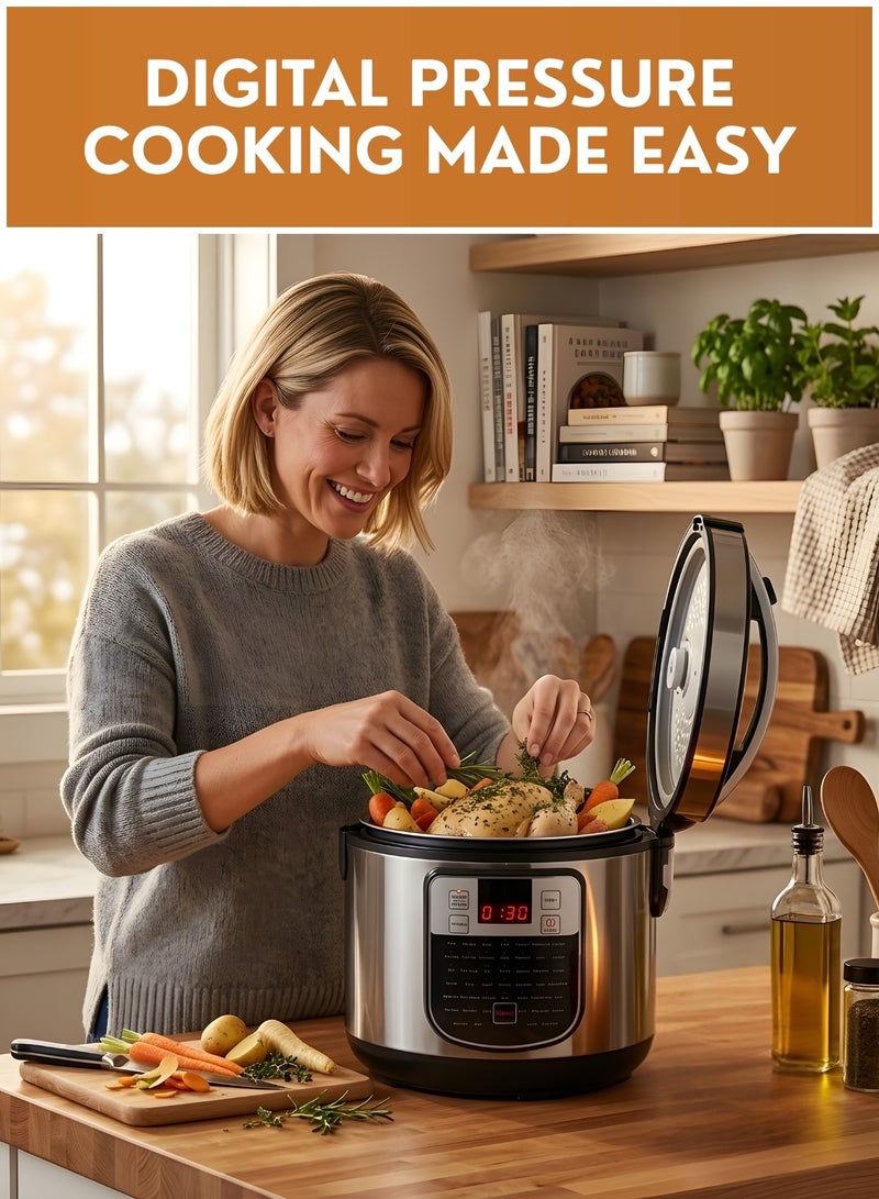 ZESTU 5L Electric Pressure Cooker 900W – 5 In 1 Multi Cooker with Non-Stick Inner Pot, Rice Cooker, Slow Cooker, Steamer & Sauté Pot, Multi Smart Cooking Programs, Digital Kitchen Cooker Silver/Black - Image 2
