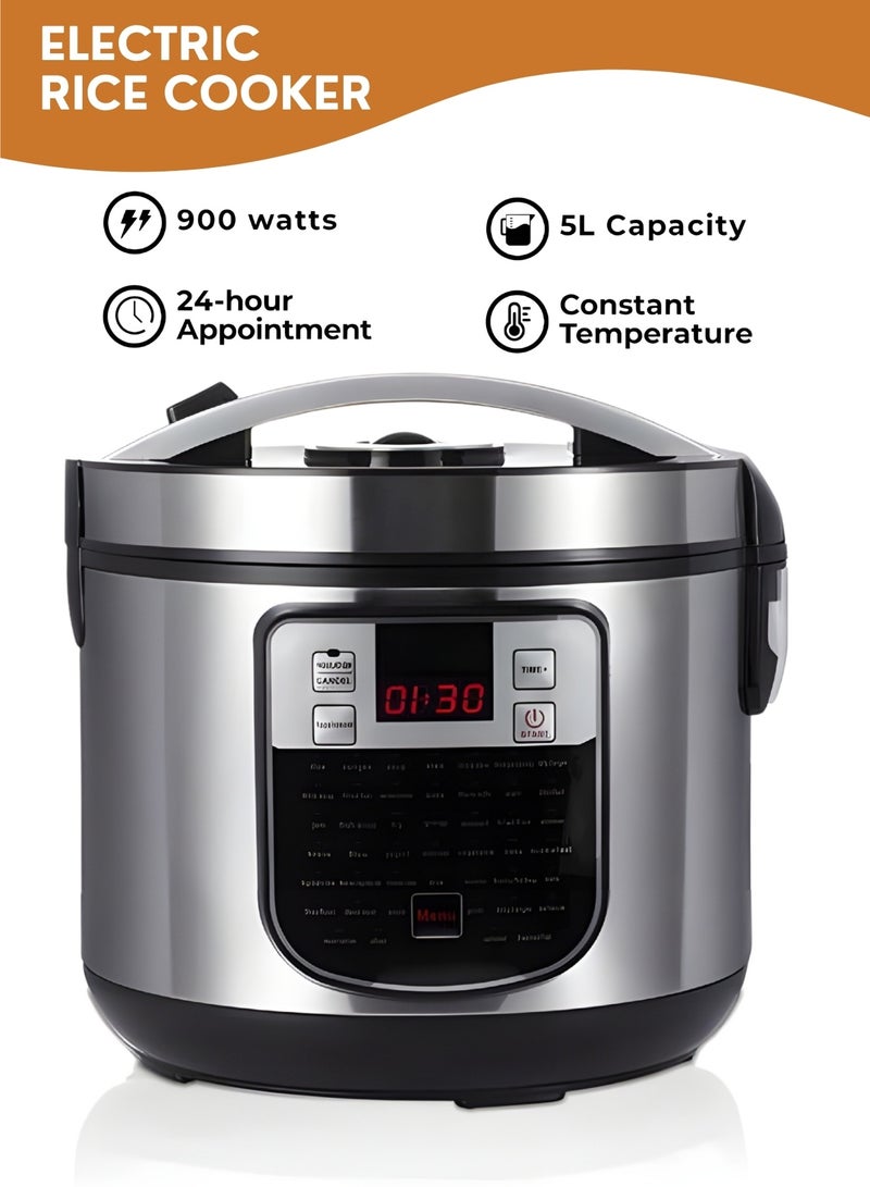 ZESTU 5L Electric Pressure Cooker 900W – 5 In 1 Multi Cooker with Non-Stick Inner Pot, Rice Cooker, Slow Cooker, Steamer & Sauté Pot, Multi Smart Cooking Programs, Digital Kitchen Cooker Silver/Black - Image 3