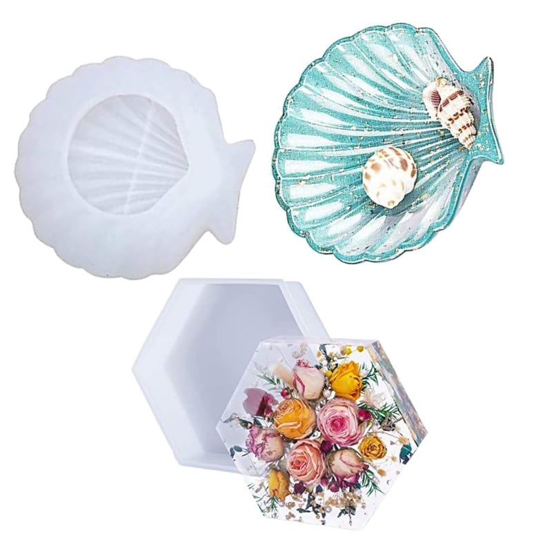 SNOOGG ™Set of 1 Sea Shell Shape and 8 inch Hexagon Deep Stand Display Silicone Moulds Use for Resin Casting for Event, Resin Art, Gifts etc - Image 1