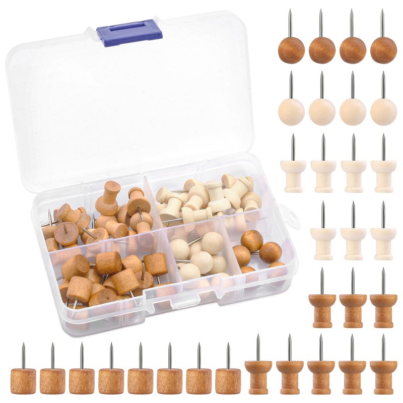 60 Pcs Wood Push Pins 2 Colors and 5 Types Decorative Thumb Tacks Thumb Tacks for Bulletin Boards Craft Projects with Storage Box
