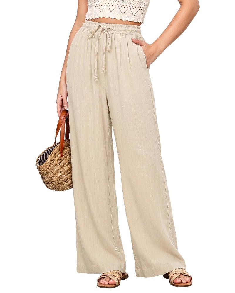 GRAPENT Wide Legged Pants Casual Womens Pants Trendy Drawstring Pull on High Waisted Pants for Women Linen Beach Pants Fall Clothing Beige Linen Pants Women Color Light Beige Medium - Image 1