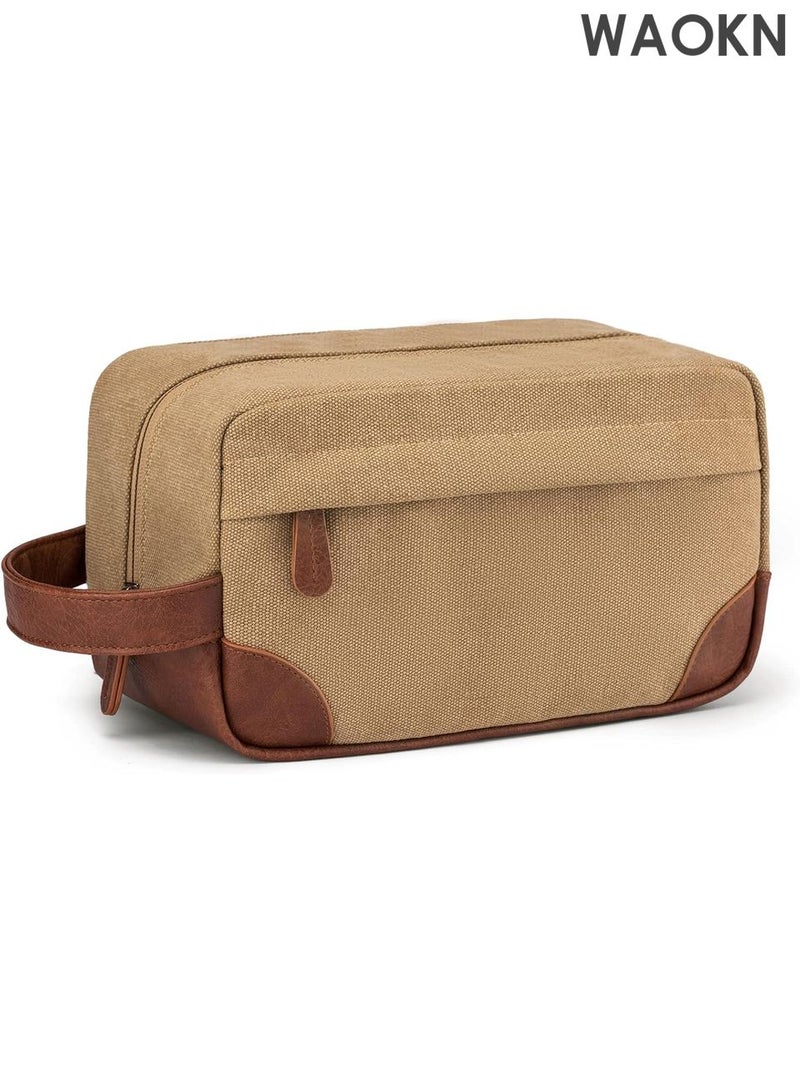 WAOKN Men's Hanging Toiletry Bag - Large Capacity Water-Resistant Dopp Kit for Travel - Canvas Shaving Bag with 4 Compartments & Hook - TSA-Friendly Toiletries Organizer for Gym, Camping & Business Trips (Khaki，10*5.5*5Incn) - Image 1