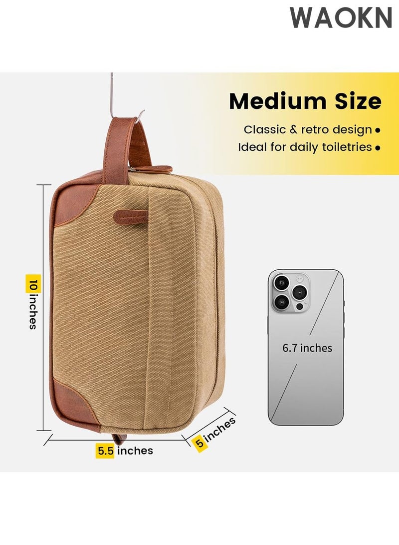 WAOKN Men's Hanging Toiletry Bag - Large Capacity Water-Resistant Dopp Kit for Travel - Canvas Shaving Bag with 4 Compartments & Hook - TSA-Friendly Toiletries Organizer for Gym, Camping & Business Trips (Khaki，10*5.5*5Incn) - Image 2