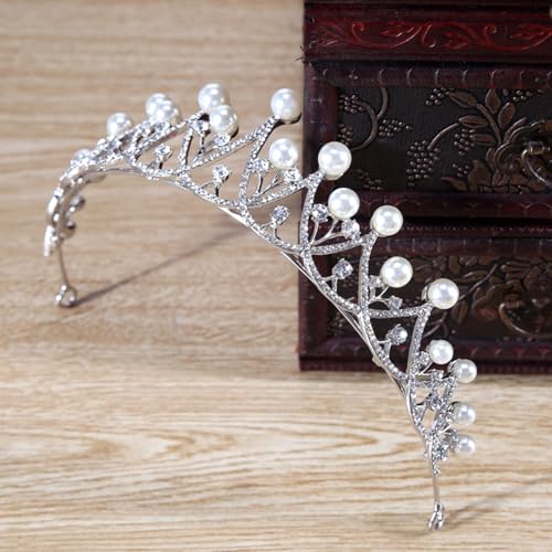 Peora Silver Plated Cubic Zirconia & Pearl Studded Princess Tiara Crown Hair Accessory for Girls & Women - Image 5