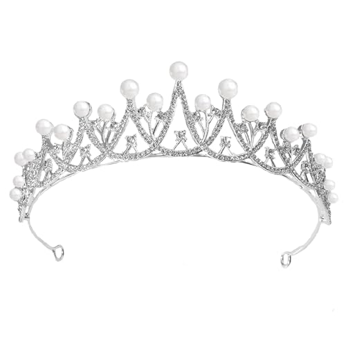 Peora Silver Plated Cubic Zirconia & Pearl Studded Princess Tiara Crown Hair Accessory for Girls & Women - Image 1
