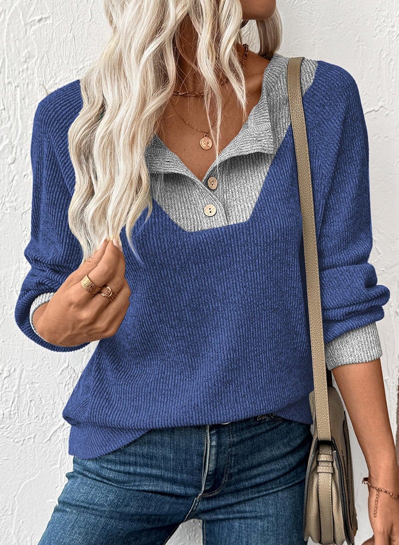 EVALESS Womens Long Sleeve Shirts Spring Fashion 2026 Patchwork Button Up V Neck Oversized Sweatshirt Casual Trendy Pullover Tops School Outfits for Teachers Blue Large - Image 4