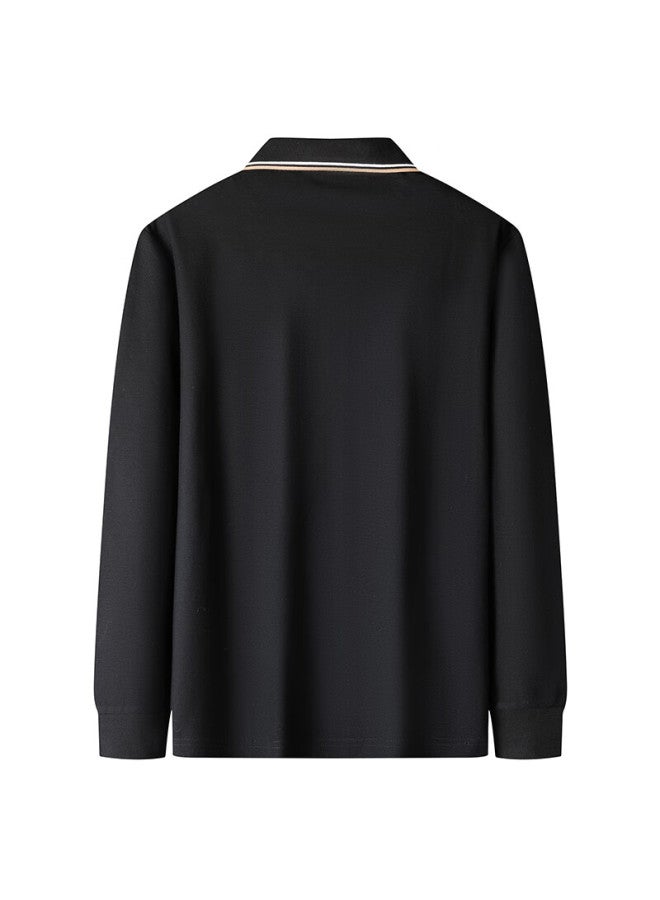 Limeng Men's Long Sleeve Paul Shirt Spring And Autumn Pure Color Turn-down Collar T-shirt Top Black XL - Image 1