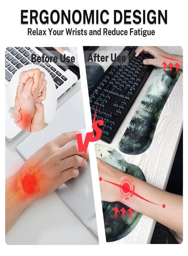 Britimes Keyboard Mouse Pad Set 4in1 Large Mousepad+Keyboard Wrist Rest+Mouse Wrist Rest+Coaster Set with Ergonomic Design for Home Office Computer 35.4x15.7Inches (Green Ink Style Mountain Forest) - Image 4