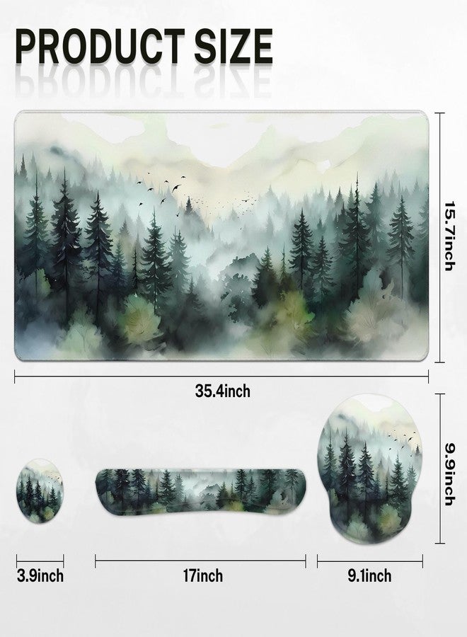 Britimes Keyboard Mouse Pad Set 4in1 Large Mousepad+Keyboard Wrist Rest+Mouse Wrist Rest+Coaster Set with Ergonomic Design for Home Office Computer 35.4x15.7Inches (Green Ink Style Mountain Forest) - Image 2