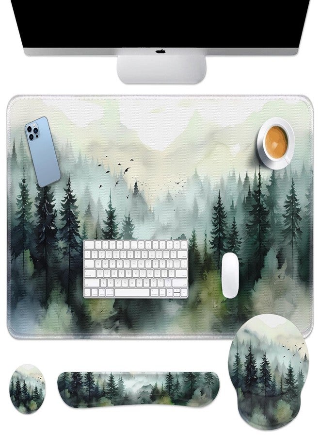 Britimes Keyboard Mouse Pad Set 4in1 Large Mousepad+Keyboard Wrist Rest+Mouse Wrist Rest+Coaster Set with Ergonomic Design for Home Office Computer 35.4x15.7Inches (Green Ink Style Mountain Forest) - Image 1