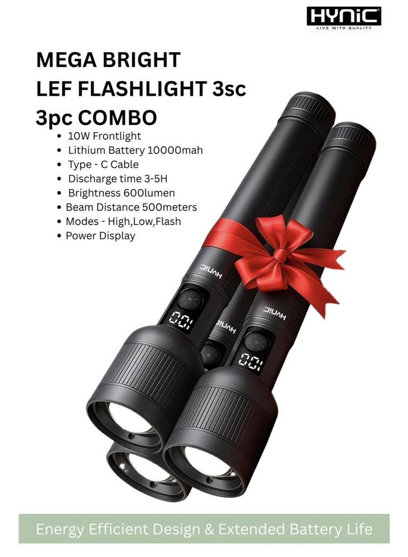 هاينك مصباح LED فائق الإضاءة | مجموعة كومبو مكونة من 3 قطع | قابلة لإعادة الشحن، قابلة للتكبير، شاشة طاقة رقمية، 600 لومن، مقاومة للماء - Image 1