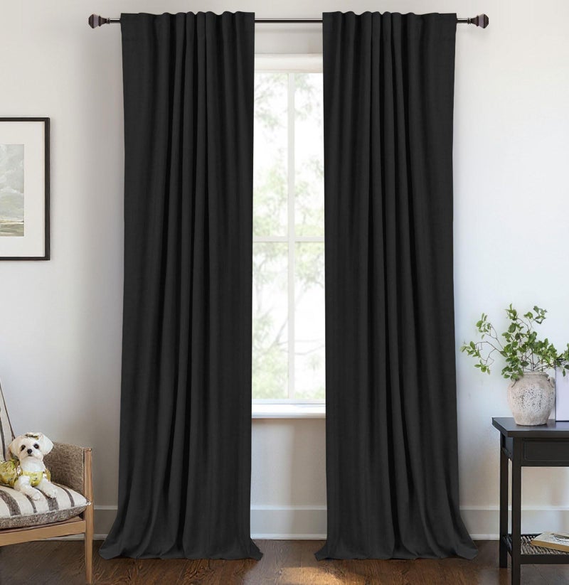 100% Blackout Shield Linen Blackout Curtains for Bedroom 84 Inches Long, Back Tab/Rod Pocket Living Room Drapes, Thermal Insulated Blackout Curtains 2 Panels Set, 50" W x 84" L, Black - Image 1