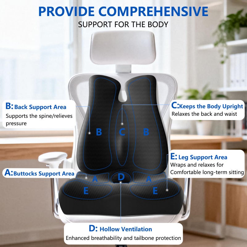 JIPORIER Lumbar Support Pillow for Office Chair,Seat Cushion with Back Support,Office Chair Cushion for Tailbone Pain,Sciatica and Hemorrhoid Relief (Black) - Image 2