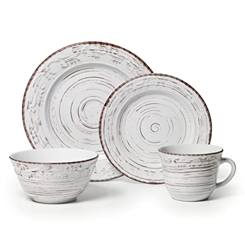 Pfaltzgraff Trellis White 16-Piece Stoneware Dinnerware Set, Service for 4, Distressed White Finish, Microwave & Dishwasher Safe Plates and Bowls - Image 2
