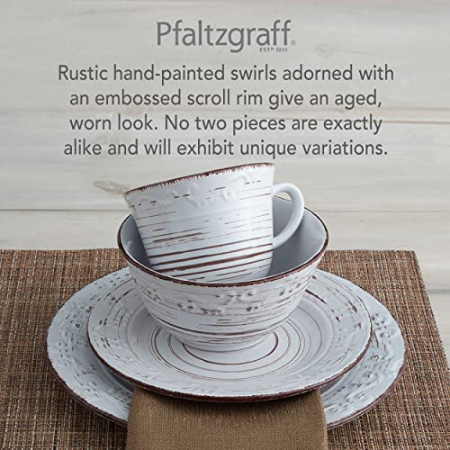 Pfaltzgraff Trellis White 16-Piece Stoneware Dinnerware Set, Service for 4, Distressed White Finish, Microwave & Dishwasher Safe Plates and Bowls - Image 4