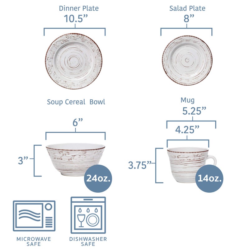 Pfaltzgraff Trellis White 16-Piece Stoneware Dinnerware Set, Service for 4, Distressed White Finish, Microwave & Dishwasher Safe Plates and Bowls - Image 3