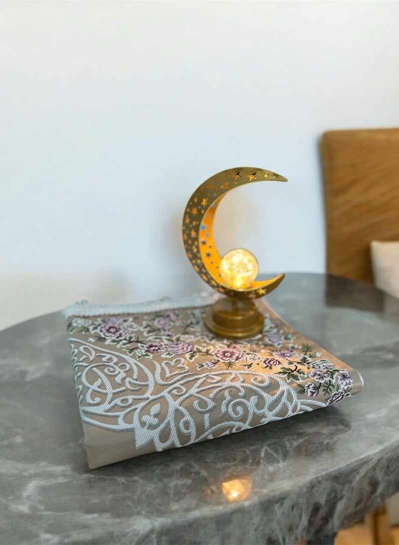 Sajadati Premium Ramadan Gift Set – Luxury Cream Turkish Prayer Mat (120x60 cm) & Elegant Gold Crescent Moon with Lights – Islamic Gift for Ramadan, Eid, Muslim Prayer Rug & Home Décor - Image 3