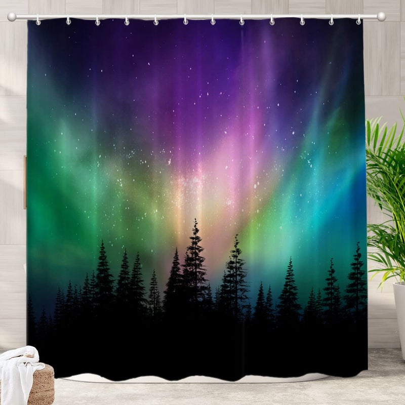 Batmerry Northern Lights Forest Decorative Shower Curtain Aurora Borealis Cute Long Wide with Rust Proof Grommets for Bathroom Waterproof Washable