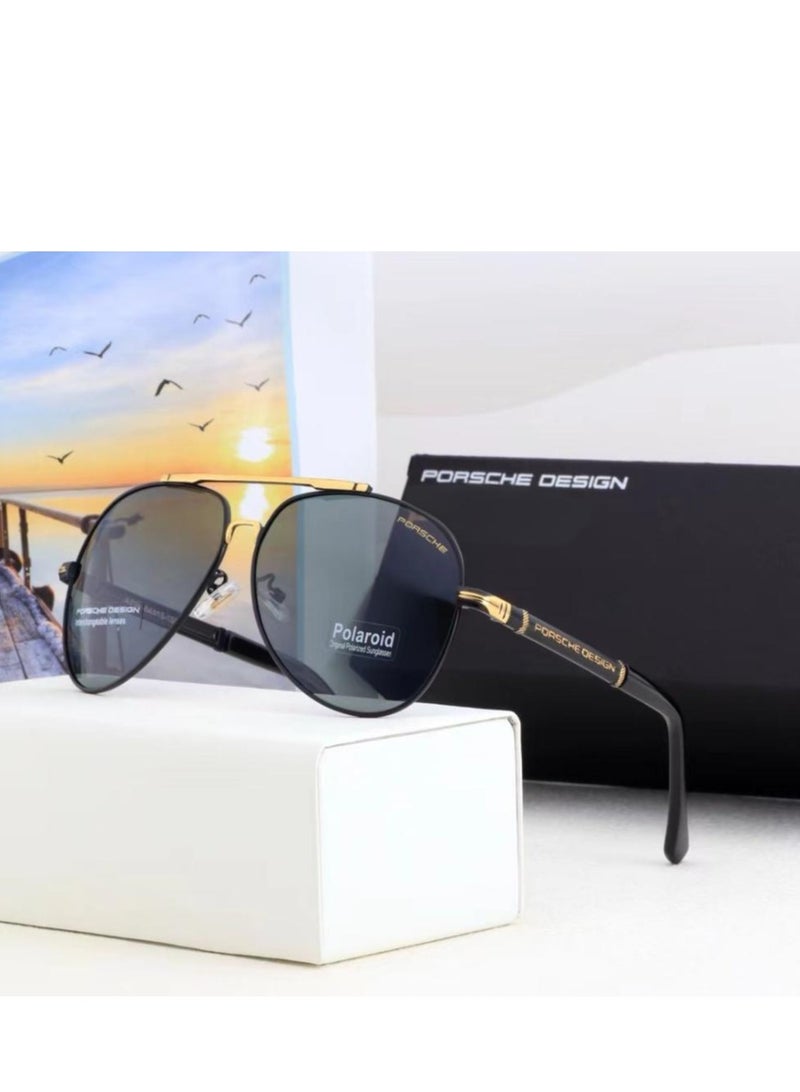 Porsche Design Fashion Polarized Sunglasses,Cycling Sunglasses for men with UV 400 Protection Metal Frame Black Gold - Image 1